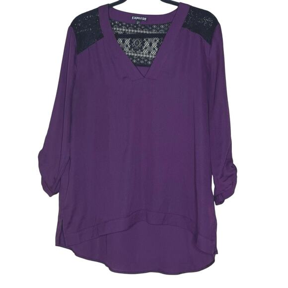 Limited Express Tops - Express Purple Top, Black Lace, V Neck, Dark Academia